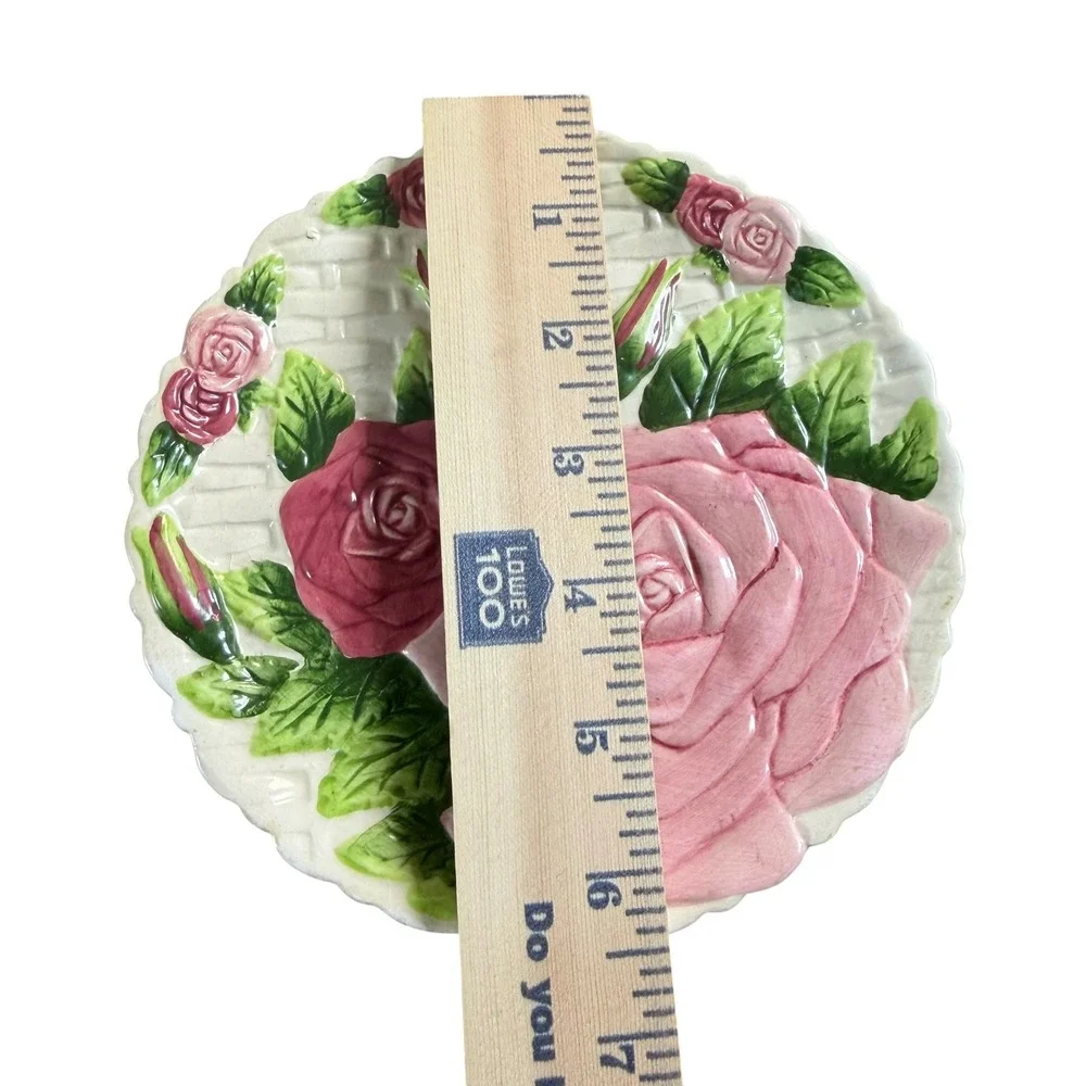 KMC Vintage Rose Basketweave Ceramic Dessert Plates Set of 6 Pink Floral 8in